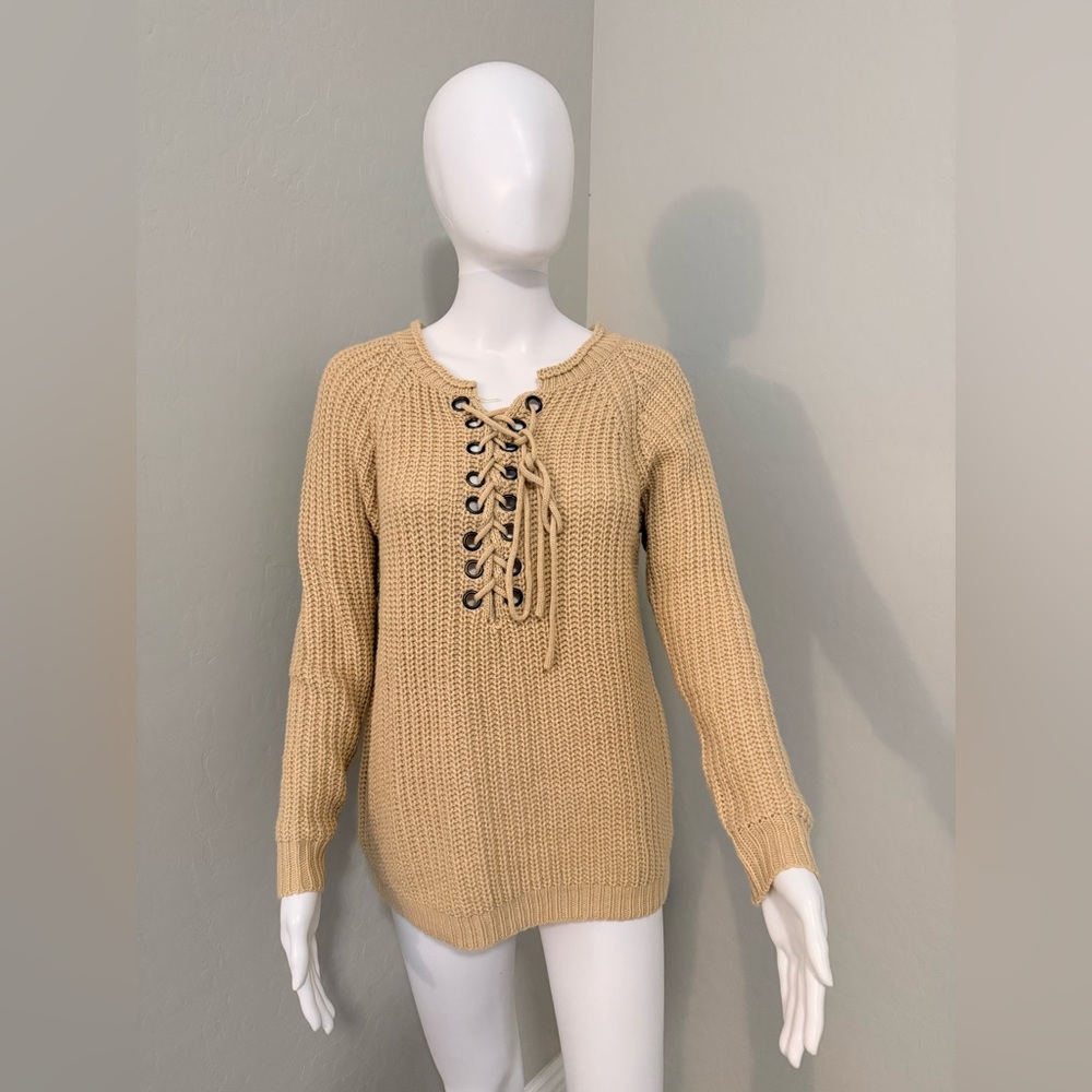Women's Lace-Up Knit Sweater - Cream